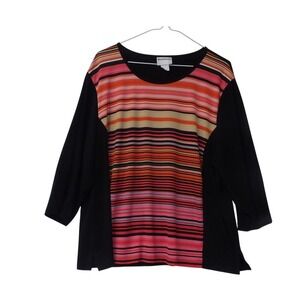 LP Bon Worth Womens Striped Colorblock Top Black Red Pink Orange Tan 34 Sleeve M